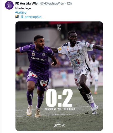 볼프스베르거에 0-2로 패한 소식을 전한 아우스트리아 빈. [아우스트리아 빈 구단 SNS. 재판매 및 DB 금지]