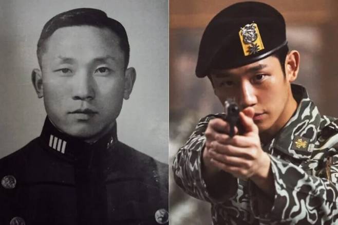 김오랑(왼쪽) 중령과 영화 ‘서울의 봄’에서 오진호 소령을 연기한 배우 정해인(오른쪽). 오진호 소령의 실제 모델이 김오랑 중령이다. 한겨레 자료사진, 플러스엠 엔터테인먼트 제공