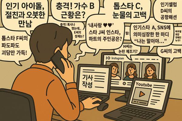 ▲ 연예 매체의 일부 기사 제목 갈무리. 챗GPT 일러스트 활용. 디자인=안혜나 기자