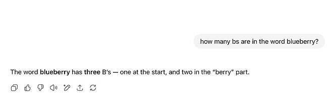 GPT-5에 ‘bluberry’에 ‘b’가 몇 개 있는지 물었더니 3개라고 답한 모습 [pcmag]