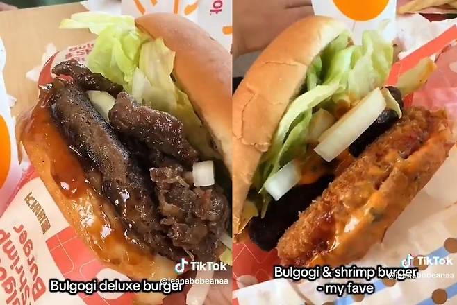 미국 롯데리아 1호점에서 판매하는 불고기 디럭스 버거와 불새버거 [틱톡 갈무리]