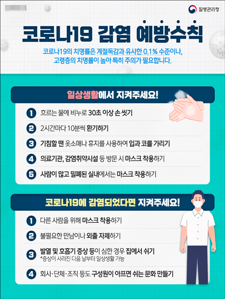 ▲보령시가 코로나19 증가세가 지속될 것에 대비하면서 호흡기감염병 예방수칙 준수를 당부하고 나섰다. 코로나19 감염 예방 수칙 안내 홍보문 ⓒ보령시