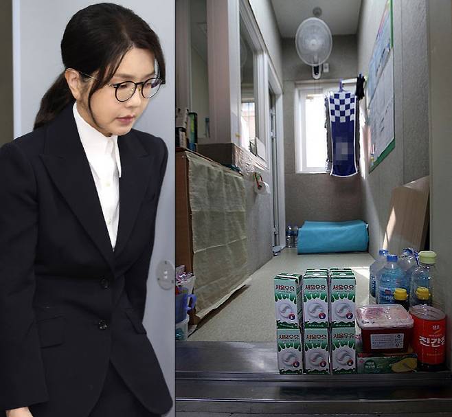 윤석열 전 대통령 부인 김건희 여사가 12일 구속 전 피의자 심문(영장실질심사)을 마친 뒤 서울 서초구 서울중앙지법을 나서고 있다. 오른쪽 사진은 2014년 법무부가 공개한 서울남부교도소 독방 내부 (사진공동취재단)