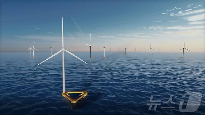 대형 해상풍력발전기를 탑재한 한화오션 ‘윈드하이브(WindHive) 15-H3’(노란색 구조물)의 조감도.(한화오션 제공/ News1