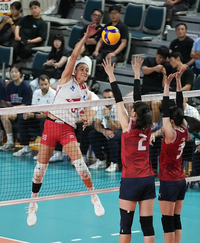 2025 코리아인비테이셔널 진주국제여자배구대회 2차전을 치르는 한국여자배구대표팀(대한배구협회 제공)