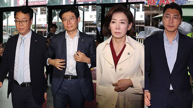 국민의힘 당사로 모여드는 의원들. 왼쪽부터 곽규택, 조정훈, 나경원, 박준택 의원