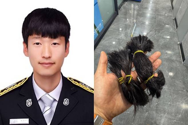 송도소방서 119구조대에 근무하고 있는 최종원(왼쪽 사진) 소방교와 그가 기부한 머리카락. 최 소방교 제공