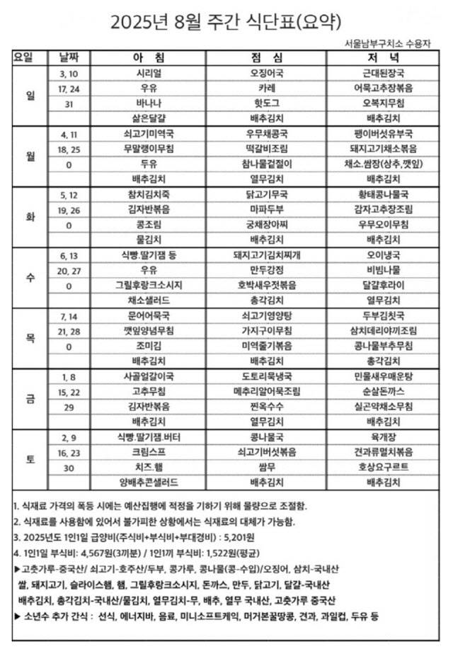 서울남부구치소 8월 식단표. (사진=서울남부구치소 제공)