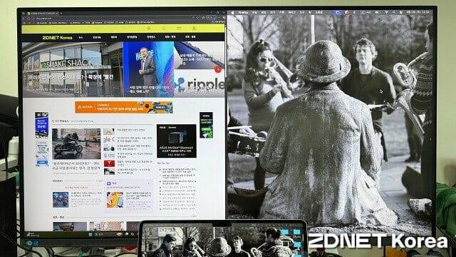 PBP 모드로 윈도 데스크톱(왼쪽)과 맥OS 화면 확장(오른쪽)을 동시 표시한 결과. (사진=지디넷코리아)