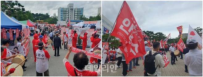 국민의힘 당원들이 13일 대전 서구 배재대 스포렉스홀에서 열린 8·22 전당대회 대전·호남 합동연설회장 앞마당에서 당대표 후보로 출마한 장동혁·김문수·안철수·조경태 후보를 응원하고 있다. ⓒ데일리안 김민석 기자