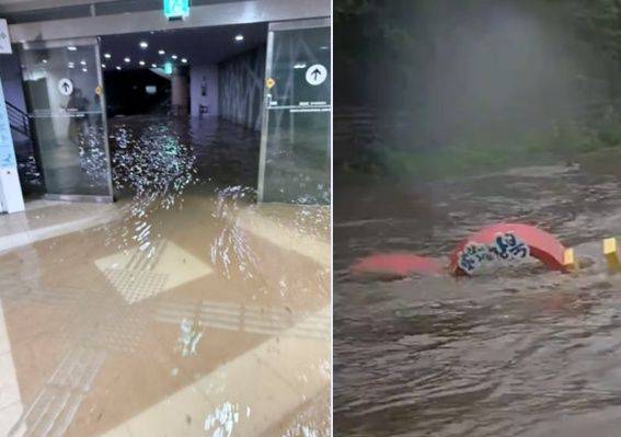 13일 수도권에 극한 폭우가 쏟아진 가운데 빗물이 들어온 김포공항(왼쪽)과 우이천 조형물이 떠내려가는 모습을 촬영한 사진과 영상이 SNS에 올라왔다./사진=X 캡처