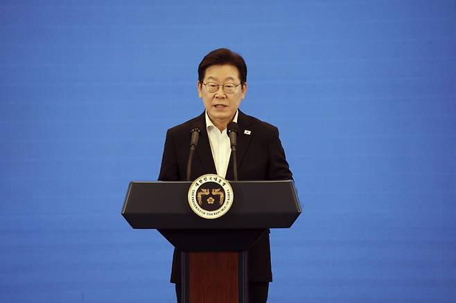 이재명 대통령이 13일 청와대 영빈관에서 국정기획위원회가 개최한 국민보고대회에서 발언하고 있다. [김호영 기자]