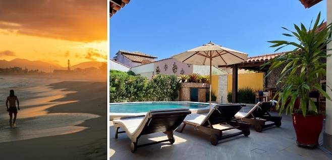 브라질 사콰레마 풍경(왼쪽) / 사진=Unsplash, 수영장이 딸린 에어비앤비 추천 숙소(오른쪽) / 사진=에어비앤비