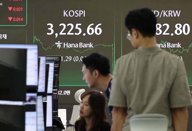 코스피가 1.29p(0.04%) 오른 3225.66에 장을 마감한 14일 서울 중구 하나은행 본점 딜링룸에서 딜러들이 대화하고 있다. [연합]