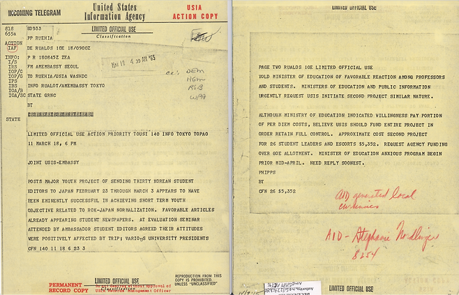USIS와 주한미대사관이 공동 작성해 워싱턴 미 정보처 USIA에 보낸 전문(1965년 3월 18일자)