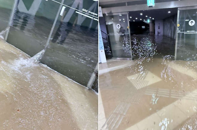 수도권을 중심으로 집중호우가 내린 13일 서울 강서구 김포공항 게이트로 빗물이 쏟아져 들어오고 있다. 엑스 계정 ‘King_James_Kim’ 캡처