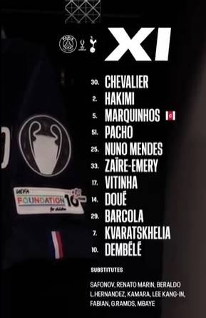 파리 생제르망(PSG)의 14일 오전 4시(한국시간) 이탈리아 블루에너지 스타디움에서 열린 2025 유럽축구연맹(UEFA) 슈퍼컵 결승 라인업. /사진=파리 생제르망(PSG) 공식 사회관계망서비스(SNS)