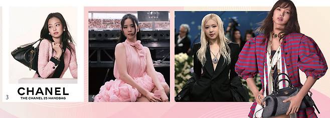 <3> 샤넬 25 핸드백 캠페인의 제니. / 사진 샤넬 <4> ‘데드라인’ 월드 투어 파리에서 조나선 앤더슨이 디자인한 디올을 입은 지수. / 사진 지수 인스타그램<5> 2025 멧 갈라에서 생로랑의 슈트와 케이프, 티파니 목걸이를 한 로제. 생로랑 6 루이비통 앰버서더로 시작된 리사의 첫 광고 캠페인. /사진 루이비통
