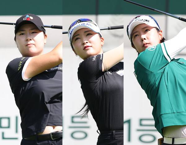 김아림, 안나린, 박현경, 방신실, 노승희, 황유민, 고지우, 이가영, 이다연, 배소현, 한진선, 유현조 프로 등이 출전하는 2025년 한국여자프로골프(KLPGA) 투어 메디힐·한국일보 챔피언십에 참가한 홍정민, 이예원, 박지영 프로가 2라운드에서 경기하는 모습이다. 사진제공=KLPGA (사진을 무단으로 사용하지 마십시오.)