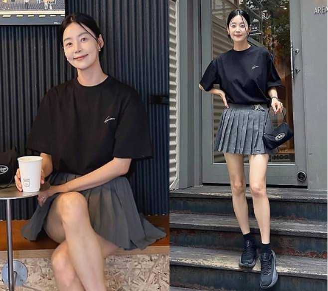 한지혜가 한여름 도심 속에서 스포티함과 세련미를 동시에 담은 테니스코어룩을 공개했다.사진=한지혜 sns