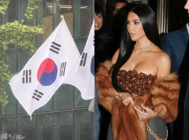 킴 카다시안(오른쪽)과 그가 SNS에 올린 한국 거리에 게양된 태극기 사진.