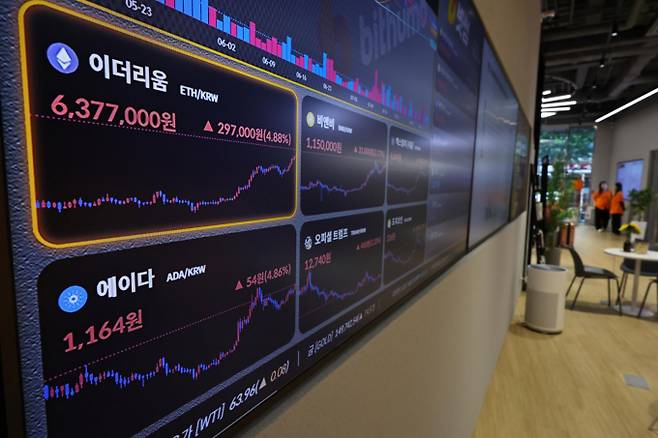 이재명 정부의 인수위원회 역할을 하는 국정기획위원회(국정위)가 '123대 국정과제'를 발표한 가운데 현실에서는 여전히 규제 일변도의 흐름에서 벗어나지 못하고 있다는 지적이 나온다. 사진은 미국 7월 소비자물가지수(CPI) 상승률이 예상에 부합하며 가상자산 시가총액 2위 이더리움이 급등하며 630만원대를 뚫은 지난 13일 서울 강남구 빗썸라운지 전광판에 이더리움 시세가 보이고 있다. /사진=뉴시스