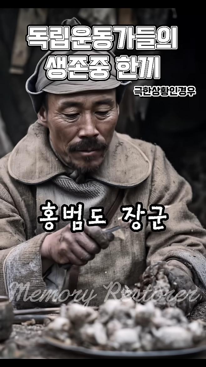 독립운동가의 한끼 쇼츠 영상 중 하나.&nbsp;홍범도 장군이 칼로&nbsp;식사하고 있다.&nbsp;‘Ai 기억복원소’ 유튜브 캡처