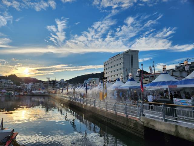 통영시는 올해 한산대첩축제 기간 온열질환 예방 대책 중 하나로 강구안 문화마당 주행사장에 쿨링포그(미세 물안개 분사 장치)를 추가해 체감온도를 낮췄다. 통영시 제공