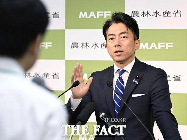 고이즈미 농림수산상은 최근 이시바 시게루 총리의 퇴진설이 불거지는 가운데 차기 총리 후보로 떠오르고 있다. 사진은 고이즈미 농림수산상이 지난 5월 30일 일본 도쿄 농림수산성에서 발언하는 모습. /AP.뉴시스