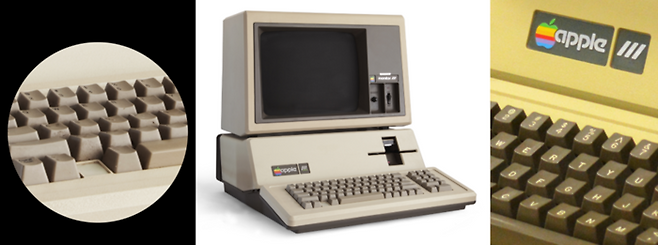 1983년 애플에서 출시한 Apple III Plus의 키보드를 보면 D와 K에 작게 호밍 도트가 튀어나와 있는 것을 볼 수 있다. 시력이 좋아야 볼 수 있다. 초창기 제품인 Apple III(1980)에서도 호밍 도트를 확인할 수 있는데, 이건 진짜 시력이 좋아야 볼 수 있다.  그나저나 예쁘다. [사진 출처=Bilby/위키피디아, System Source computer museum]