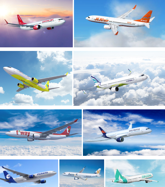 왼쪽 위부터  시계방향으로 이스타항공·제주항공·에어부산·에어프레미아·에어서울·에어로케이·파라타항공·티웨이항공·진에어 등 항공기 / 사진=각사