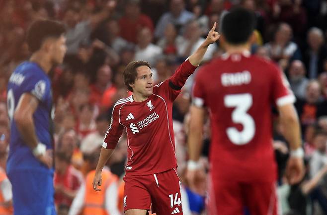 리버풀의 페데리코 키에사(가운데)가 후반 교체 투입 6분 만에 결승골을 터트린 뒤 세리머리늘 하고 있다. /사진=로이터