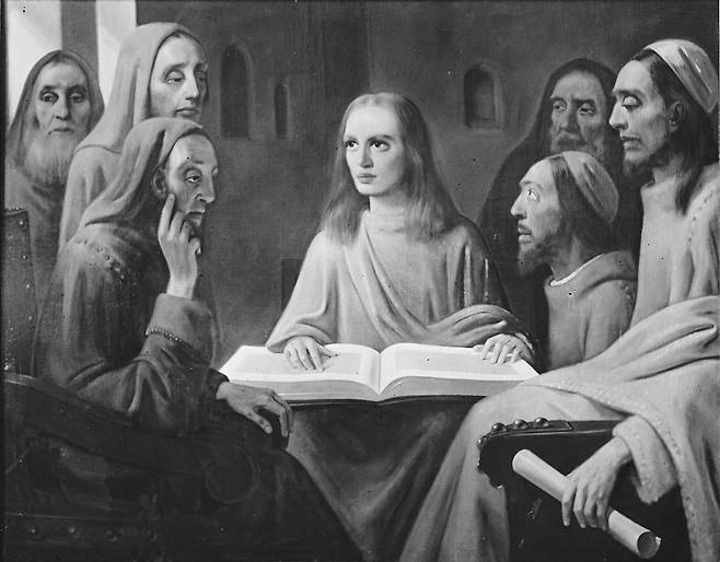 한 판 메이헤런, 박사들 사이의 그리스도(요하네스 베르메르 풍), 1945, 개인소장 [위키 미디어, cropped from GaHetNa (Nationaal Archief NL)], 한 판 메이헤런의 마지막 베르메르 위작으로 알려짐.