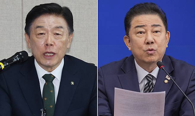 김형석 독립기념관장(왼쪽), 더불어민주당 김병기 원내대표. 연합뉴스