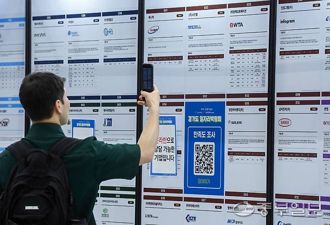 지난해 5월 28일 오전 수원시 영통구 수원컨벤션센터에서 열린 경기도일자리박람회를 찾은 시민들이 채용게시판을 확인하고 있다. 임채운기자