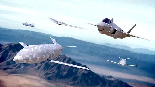 미 공군의 F-35 전투가가 유무인 복합 체계로 편대를 구성해 공중전을 전개하고 있는 이미지. 인공지능(AI)과 양자컴퓨팅이 통합돼 드론과 함께 유·무인 기체 모두 스텔스 기능·신무기 장착·최첨단 항공전자장비·초음속 성능을 갖추고 협동비행이 가능한 것을 기본 개념으로 발전하고 있다. 미 공군