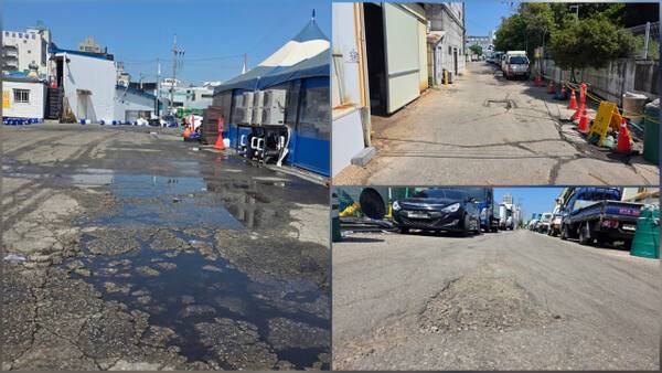 17일 인천 중구 연안부두 일대에는 방류한 해수로 인해 땅이 갈라지고 포트홀이 생겨나고 있다. 장민재기자