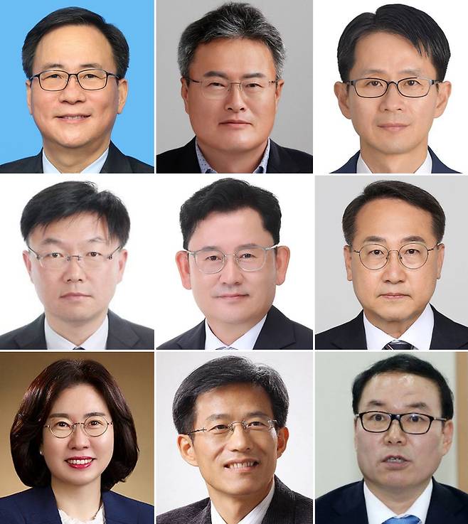 이재명 대통령은 13일 강유정 대통령실 대변인 브리핑을 통해 차관급 추가 인선을 발표했다. 첫째 줄 왼쪽부터 김영수 문화체육관광부 1차관, 김대현 문화체육관광부 2차관, 백승보 조달청장. 둘째 줄 왼쪽부터 안형준 통계청장, 이승돈 농촌진흥청장, 김인호 산림청장. 셋째 줄 왼쪽부터 이미선 기상청장, 방용승 민주평화통일자문회의 사무처장, 정한중 소청심사위원회 위원장. [사진 = 대통령실]