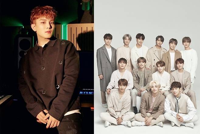 플레디스엔터테인먼트 프로듀서 범주(왼쪽), 그룹 세븐틴. 사진ㅣ플레디스엔터테인먼트