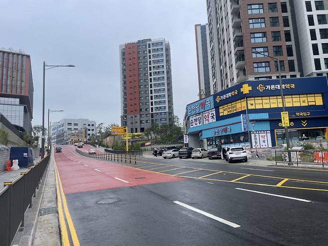 봉명동 아파트단지와 대학병원 사이 천안여상로 도로 모습