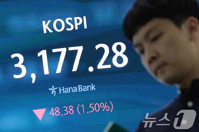 18일 오후 서울 중구 하나은행 본점 딜링룸 전광판에 코스피 지수가 표시되고 있다. 2025.8.18/뉴스1 ⓒ News1 신웅수 기자