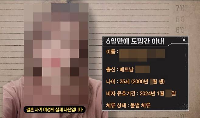 한 유튜브 채널을 통해 공개된 베트남 여성의 신상. 한국인 남성과 결혼한 지 6일만에 가출해 행방이 묘연한 것으로 알려졌다. /유튜브 '투우부부'