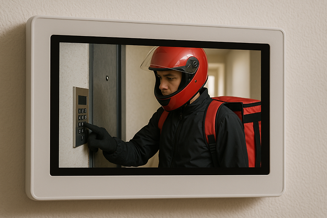 음식 배달 온 배달 기사가 도어락 비밀번호를 누르는 모습을 AI를 활용해 생성한 이미지. /사진=챗GPT