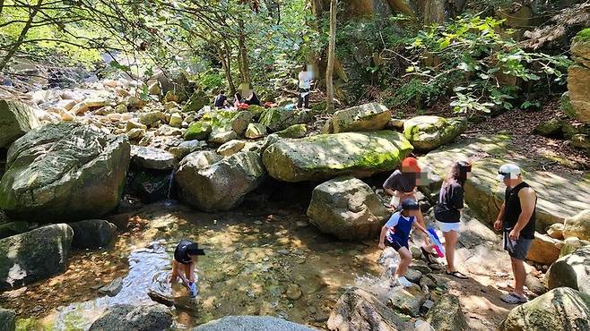 지난 10일 삼천사 계곡에서 물놀이를 즐기는 피서객들. 장종우 기자