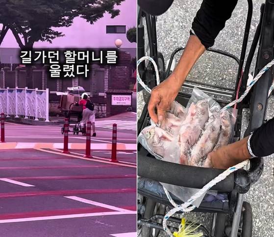 폭염 속 유모차에 폐지를 싣고 가는 할머니(왼쪽), 할머니에게 20대 청년이 건넨 생선. 사진 인스타그램 캡처