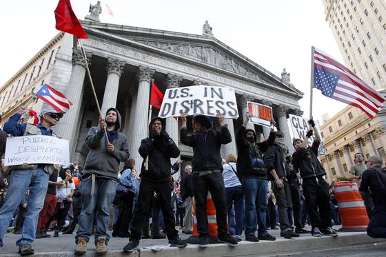 이틀 뒤 뉴욕 맨해튼의 금융가인 폴리 광장 주변에서 벌어진 유사한 시위. [UPI=연합뉴스]