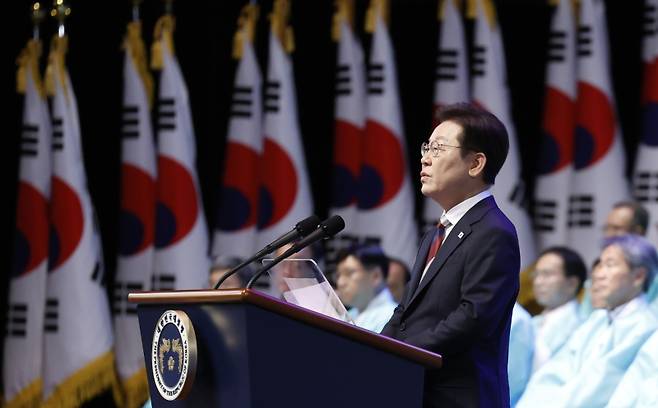 ▲ 이재명 대통령, 80주년 광복절&nbsp;경축사 [연합뉴스]&nbsp;