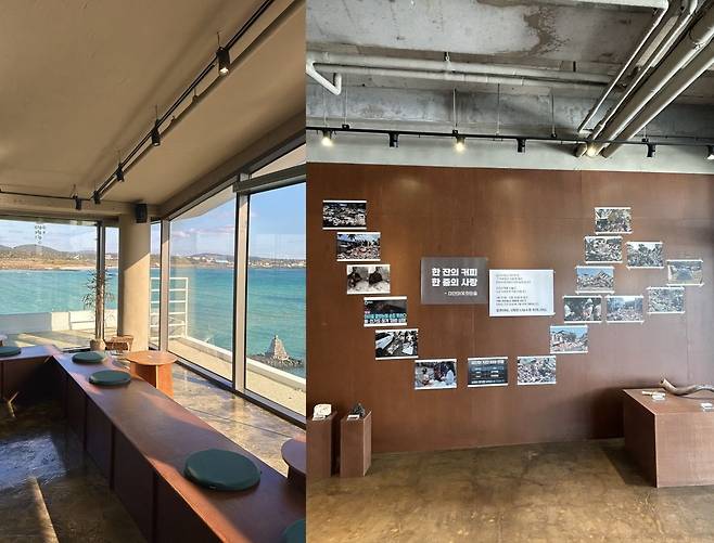 제주 서귀포시 표선해수욕장 인근 카페 젠타일스 내부 전경(왼쪽). 음료 구매가 미얀마 지진 피해 지역 후원으로 이어진다는 내용이 게시된 카페 벽면카페는 지난 4월부터 한 달간 수익의 3%를 미얀마 지진 피해 복구 후원금으로 기부했다. 이 목사 제공