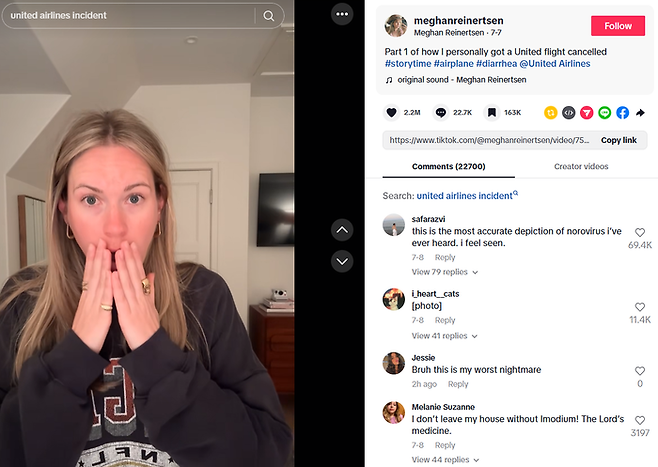 비행기에서 복통과 구토 증세로 항공편을 취소시킨  메건 라이너트슨. [사진 = 틱톡 @Meghan Reinertsen]