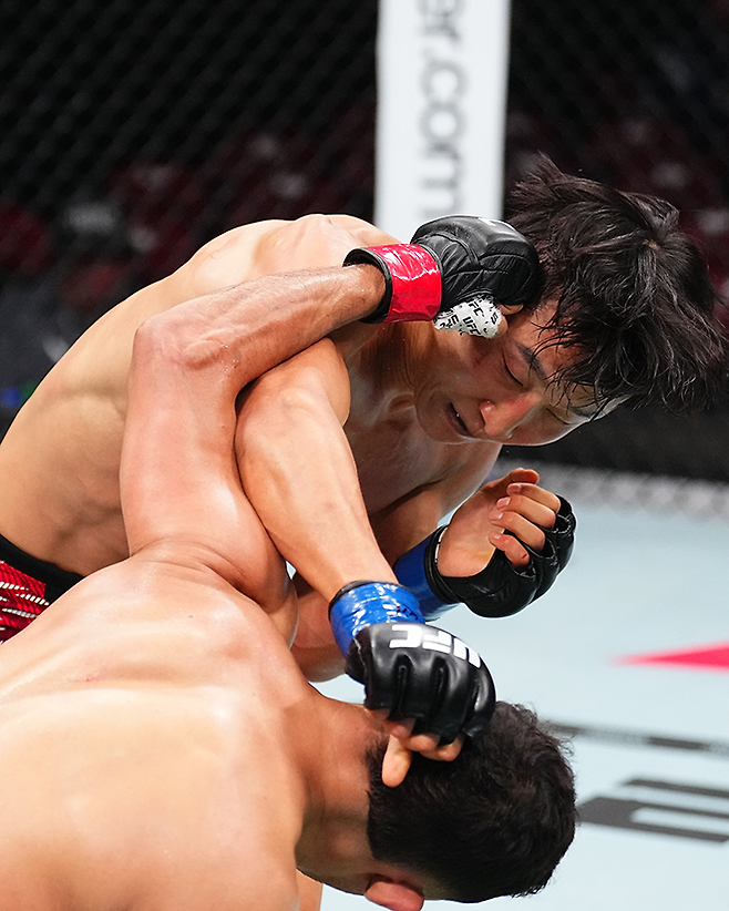 UFC 밴텀급 2승 1패 다니에우 구스타부 곤자가 산투스가 2025년 5월 캐나다 퀘벡주 몬트리올 벨 센터 UFC 315 제2경기에서 Road to UFC 시즌1 페더급 토너먼트 우승자 이정영과 펀치를 주고받고 있다. 사진=TKO